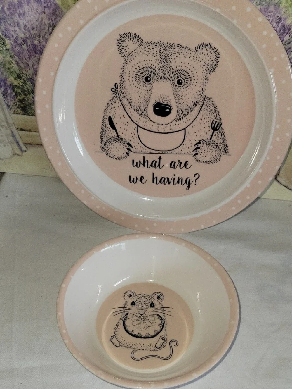 Bloomingville Mini Nelly Pink Melamine Bear Childrens Plate & Mouse Bowl Set